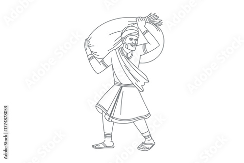 A man in traditional clothing carries a large sack over his shoulder.