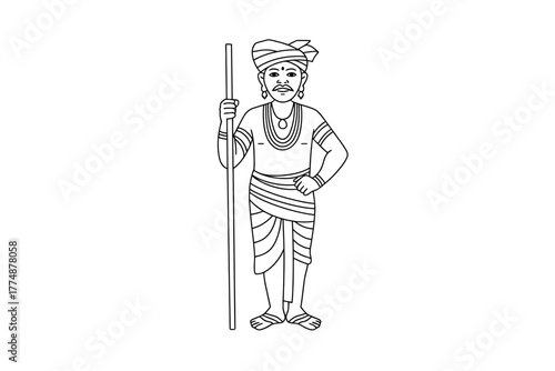 A traditional Indian farmer stands confidently holding a staff in this black and white illustration.