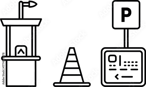 A parking ticket machine, traffic cone, and attendant booth are depicted in a line drawing.