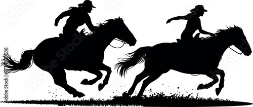 Two cowboys race their horses across a grassy field in silhouette.