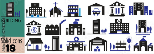 Modern building silhouette icon set — vector collection of city architecture, skyline, and landmark construction symbols for urban design, real estate, and infrastructure illustration