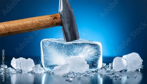 hammer breaking ice block on blue background