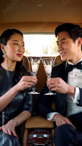two individuals in elegant evening wear toast with crystal champagne flutes inside a luxurious bespoke sedan, featuring rich leather and polished wood, illuminated by soft golden hour light with a