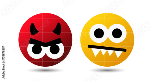 Playful cartoon emoji faces featuring a red devil with horns and an angry look beside a goofy yellow monster with sharp teeth. Fun vector illustration ideal for Halloween graphics, emoji packs.