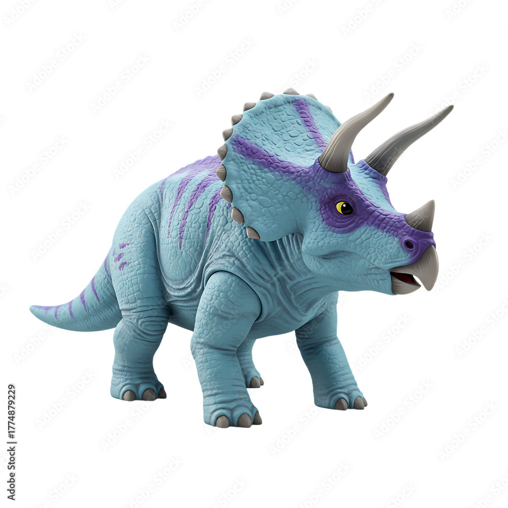 Fototapeta premium Blue Triceratops Dinosaur Toy Realistic Eyes Purple Stripes Isolated Transparent Background Prehistoric Reptile