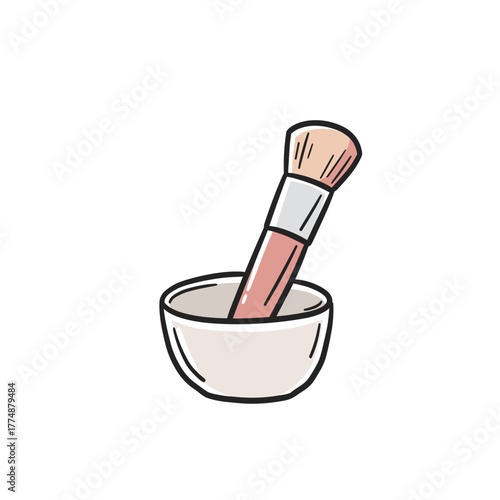Makeup brush placed in a small bowl on white background  