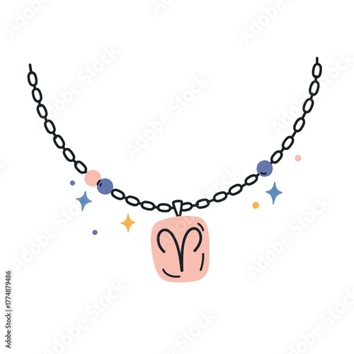 Aries zodiac sign necklace on black chain with stars and dots  