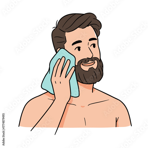 Bearded man drying his face with blue towel and smiling  