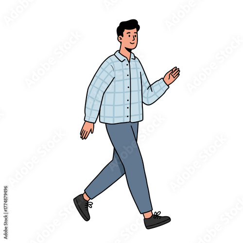 Young man walking confidently in casual attire and smiling  