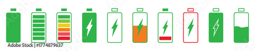 Battery level indicators. Colorful battery charge level icons. Battery power level pictograms in outline deferent style. Vector