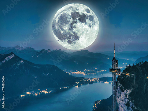 Fotografie Full Moon Night at Hammetschwand Lift (Switzerland): Artistic composite of the iconic elevator overlooking Lake Lucerne and city lights