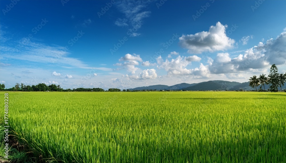 Fototapeta premium expansive green rice fields under a bright blue sky with fluffy clouds a serene rural landscape