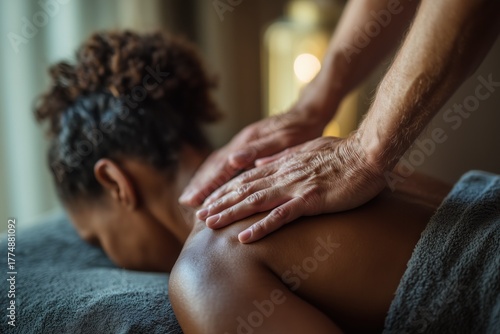 African American woman receiving a back massage at a spa salon.