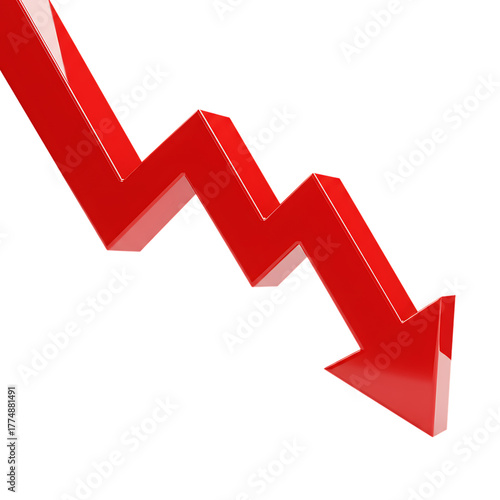 Red arrow pointing down 3D rendering financial crisis stock market crash decline downturn concept isolated on transparent background