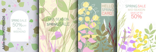 Spring Sale background, banner, flyer. Hello Spring posters card frame typography design with leaves and plants. Set Template for advertising, web, social media, web