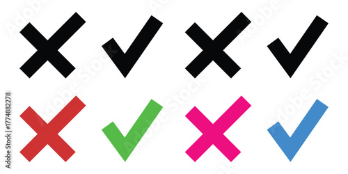 A vector set of check mark and cross (X) icons for UI. Includes various colors (black, green, red, pink, blue) and styles for success, failure, voting, approval, and rejection.