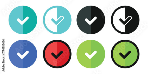 Flat Design Check Mark Icon Set: Long Shadow Tick Symbols, Completion, Status, Verification Vector, Modern UI/UX