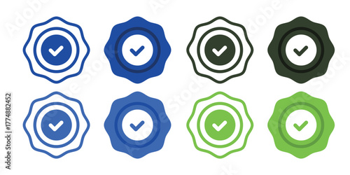 Certified Seal Stamp Icon Set: Wavy Edge Check Mark Badge, Vector Approved Symbols for Quality, Guarantee, and Verification