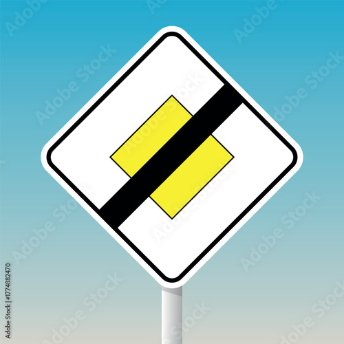 End-of-priority road sign with yellow diamond and black diagonal stripe for traffic regulation