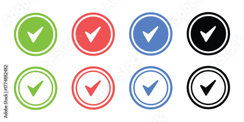 Checked Circle Collection: A graphic compilation of colorful check marks encased in circular frames, each a symbol of confirmation.