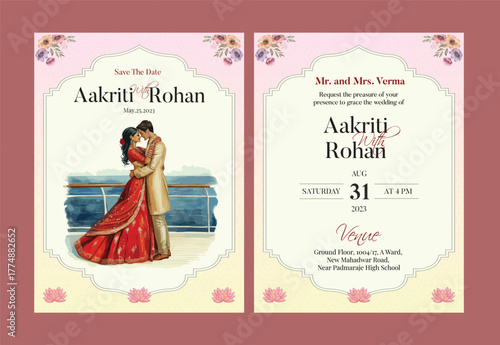 Romantic indian wedding save the date invitation with couple on swing