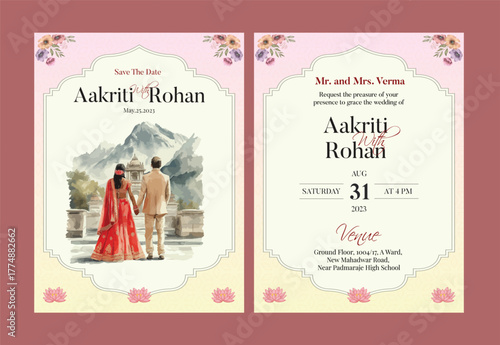 Romantic indian wedding save the date invitation with couple on swing