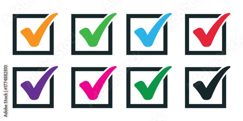 Check Marks Variety: A collection of various color check marks in squares, symbolizing completion and verification across various concepts.