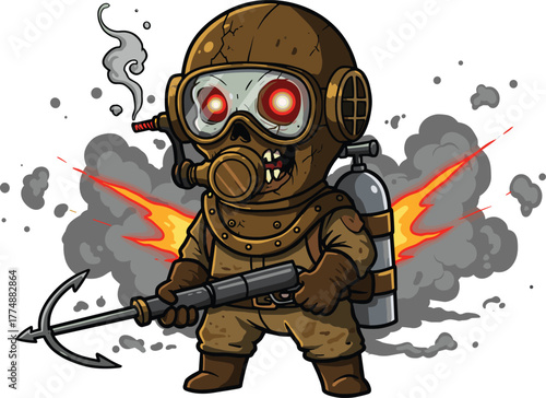 Armored Skeleton Warrior with Gas Mask and Harpoon Gun Flying with Jetpack Surrounded by Flames and Smoke