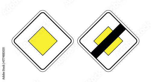 Priority road and end-of-priority road signs side by side for traffic regulation and right-of-way awareness