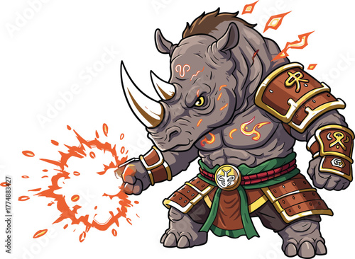 Epic fantasy rhinoceros warrior conjuring fire magic in ornate armor with glowing eyes and mystical battle energy