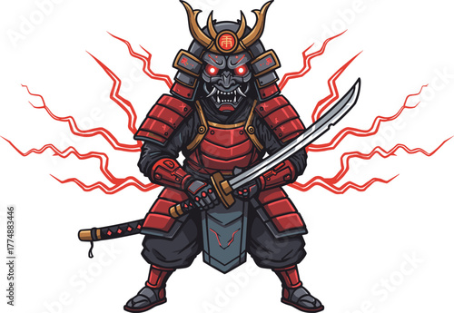 Fearsome samurai warrior with glowing red eyes, horned helmet, curved katana, and lightning energy in fantasy battle stance