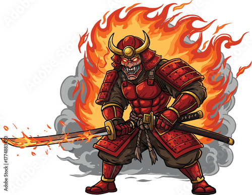 Fiery Red Samurai Warrior with Flaming Katana in Dynamic Battle Pose Surrounded by Smoke and Intense Flames