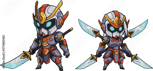 Futuristic robot warriors with glowing blue swords, red-gold armor, winged extensions, and battle-ready stance in sci-fi style
