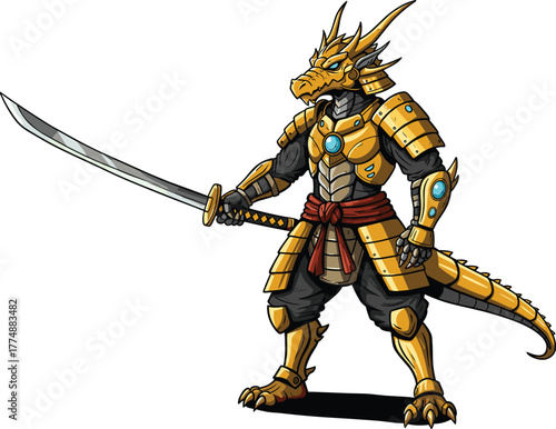 Humanoid dragon warrior with golden armor, glowing blue orbs, curved sword, red sash, and fantasy samurai design