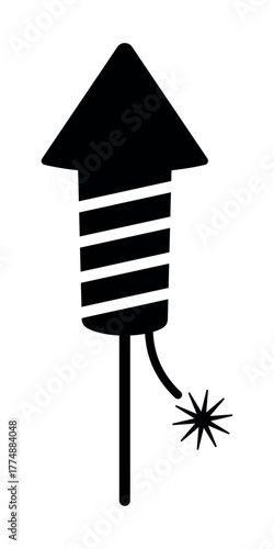 Festive firework rocket icon. Black silhouette of firework rocket. Simple minimalistic symbol of celebration, party, holiday, New Year event. Design element for decoration, greeting, festival concept