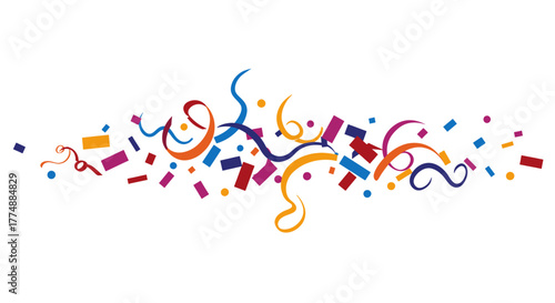 A vibrant explosion of colorful confetti and streamers creates a festive celebratory border for special occasions and events.