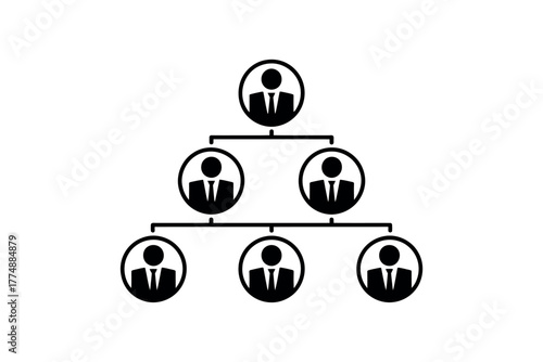 A simple organizational chart illustrates a hierarchical business structure with people icons.