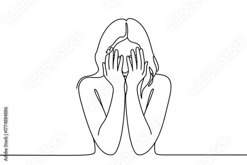 A woman hides her face in her hands, expressing distress in a minimalist line drawing.
