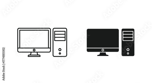 Desktop Computer Icon Set: Outline and Solid Glyph Style Vector Illustration