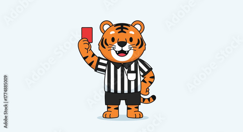 Cute Cartoon Tiger Referee Character Holding Red Card Vector Illustration