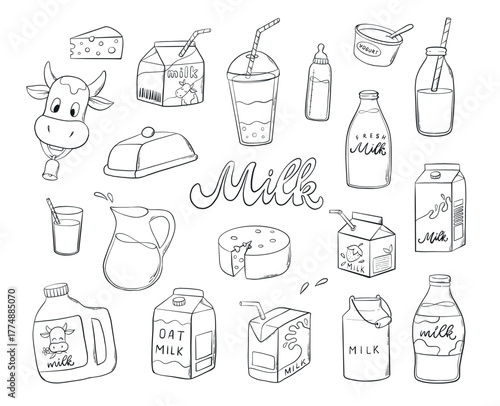 Milk products doodles, monochrome cartoon dairy products collection for coloring pages, clipart, stickers, signs, product decor, social media visuals, etc. EPS 10