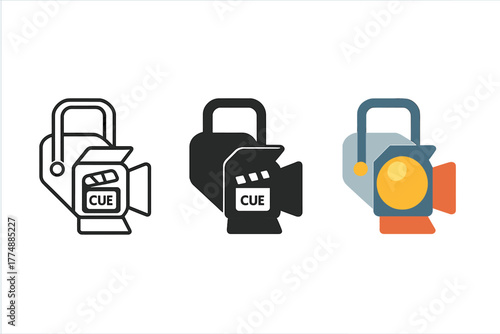 Stage Light Icons. Minimalist stage cue icon: three identical stage light with cue icons in a row, first in line style with thin