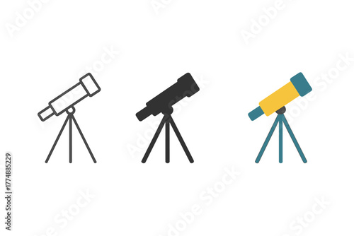 Minimalist Tripod Styles. Minimalist telescope tripod icon: three identical tripod stands in a row, first in line style with thin