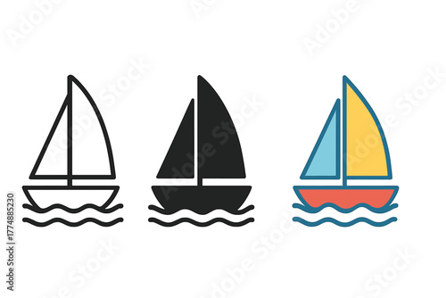 Minimalist Regatta Icons. Minimalist regatta boat icon: three identical racing sailboats icons in a row, first in line style with