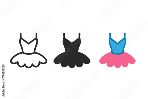 Minimalist Tutu Icons. Minimalist tutu icon: three identical tutu icons in a row, first in line style with thin outline, second in