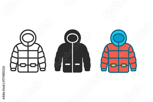 Winter Jacket Icons. Minimalist insulated clothing icon: three identical winter jackets icons in a row, first in line style with