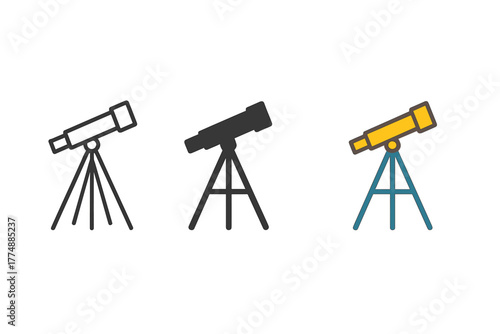 Minimalist Tripod Styles. Minimalist telescope tripod icon: three identical tripod stands in a row, first in line style with thin