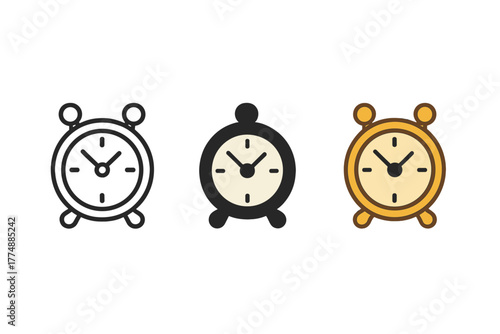 Antique Clock Icons. Minimalist antique clock icon: three identical vintage clock icons in a row, first in line style with thin
