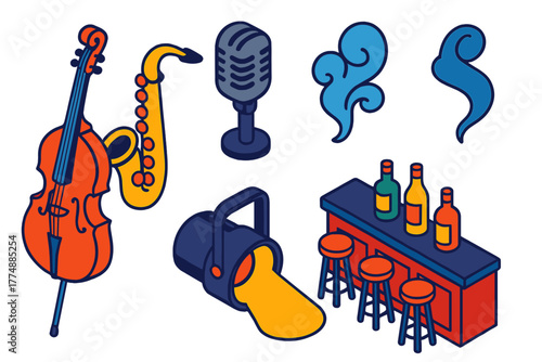 Jazz Club Icons. Isometric vector illustration set Jazz Club: Double Bass, Saxophone, Microphone, Smoke, Spotlight, Bar Counter.