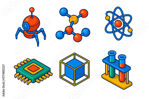 Vibrant Nanotechnology Icons. Isometric vector illustration set Nanotechnology: Nanobot, Molecular Model, Atomic Structure,